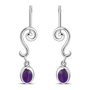 Swirling Ethnic Dangling Drop Stud Silver Earrings w/ Amethyst Stone - e166